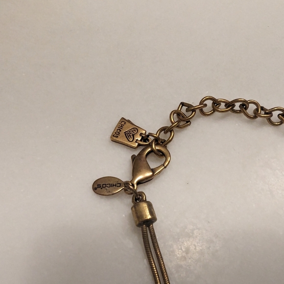 VINTAGE CHICO'S CHATELAINE STATEMENT 2 STRAND BRUSHED GOLD NECKLACE DANGLE BIB - Picture 2 of 11